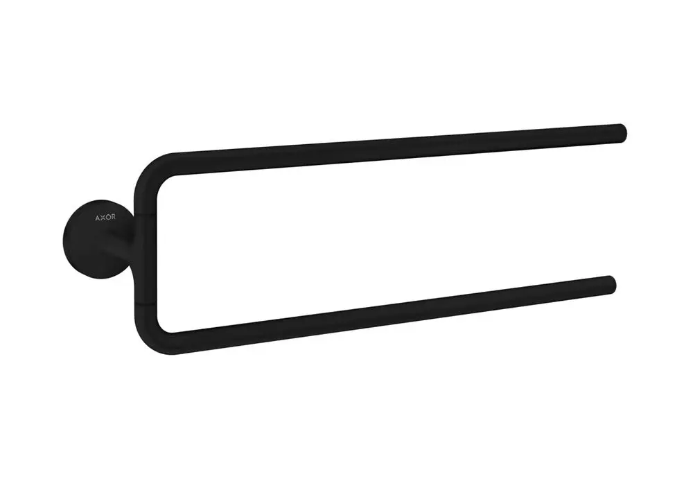 Schwarzer, zweiarmiger Handtuchhalter von AXOR, an der Wand montiert, mit klaren Linien und minimalistischer Formgebung.
